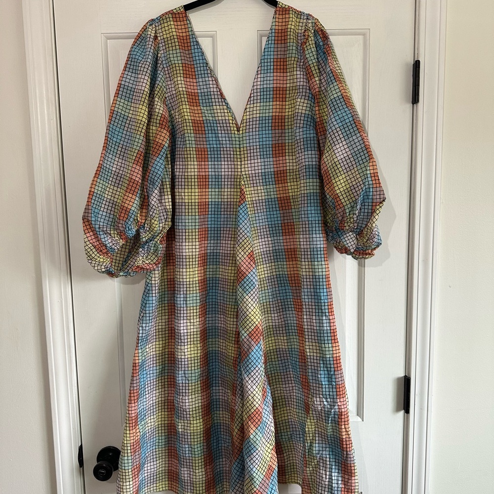 GANNI Seersucker Puff-Sleeve Dress